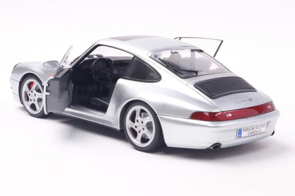 Back perspective view with door open Porsche 911 (993) 4S Polar Silver 1996 1:18 scale model car - Solido
