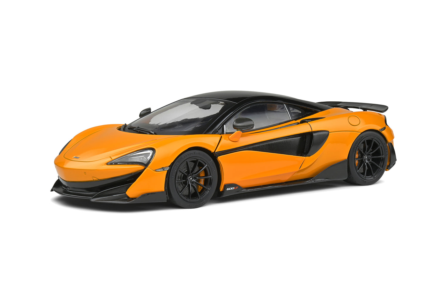 front and side perspective view of McLaren 600 LT McLaren Orange 2018 Solido 1:18 scale model car