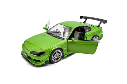 front perspective view with dors open of Nissan Silvia S15 Spec-R Aero Solido Green 1999 1:18 Scale model car - Solido