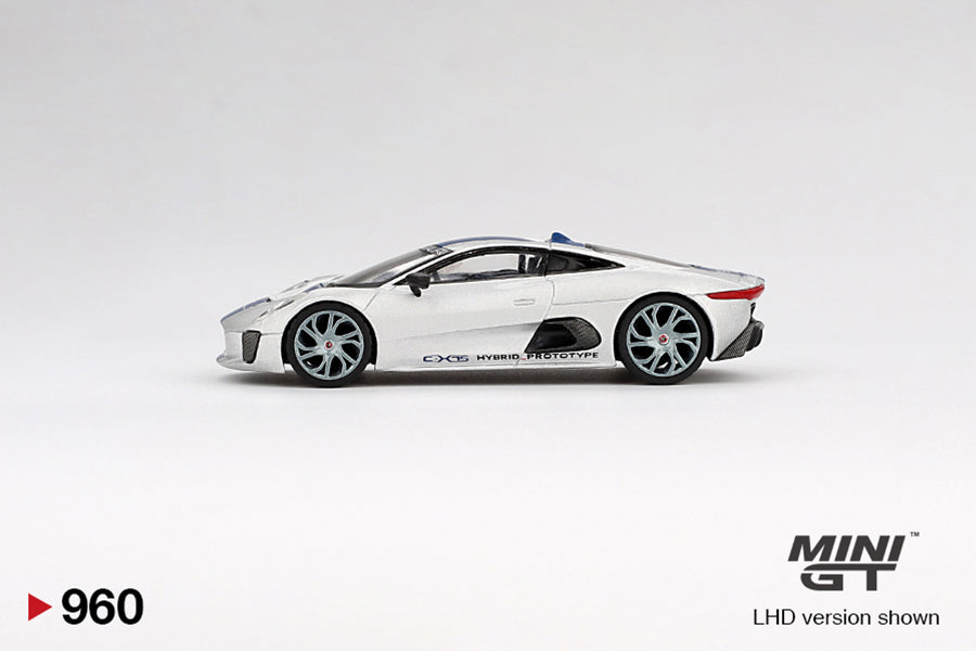 side perspective view of Jaguar C-X75 Silver 1:64 scale model car by Mini GT