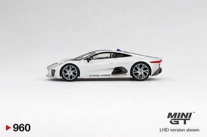 side perspective view of Jaguar C-X75 Silver 1:64 scale model car by Mini GT