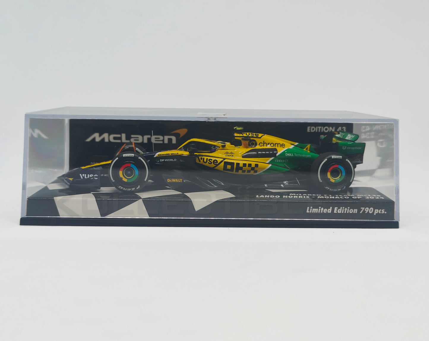 side Perspective view of Mclaren Formula 1 Team MCL38 -2024 1:43 Scale model car by Minichamps