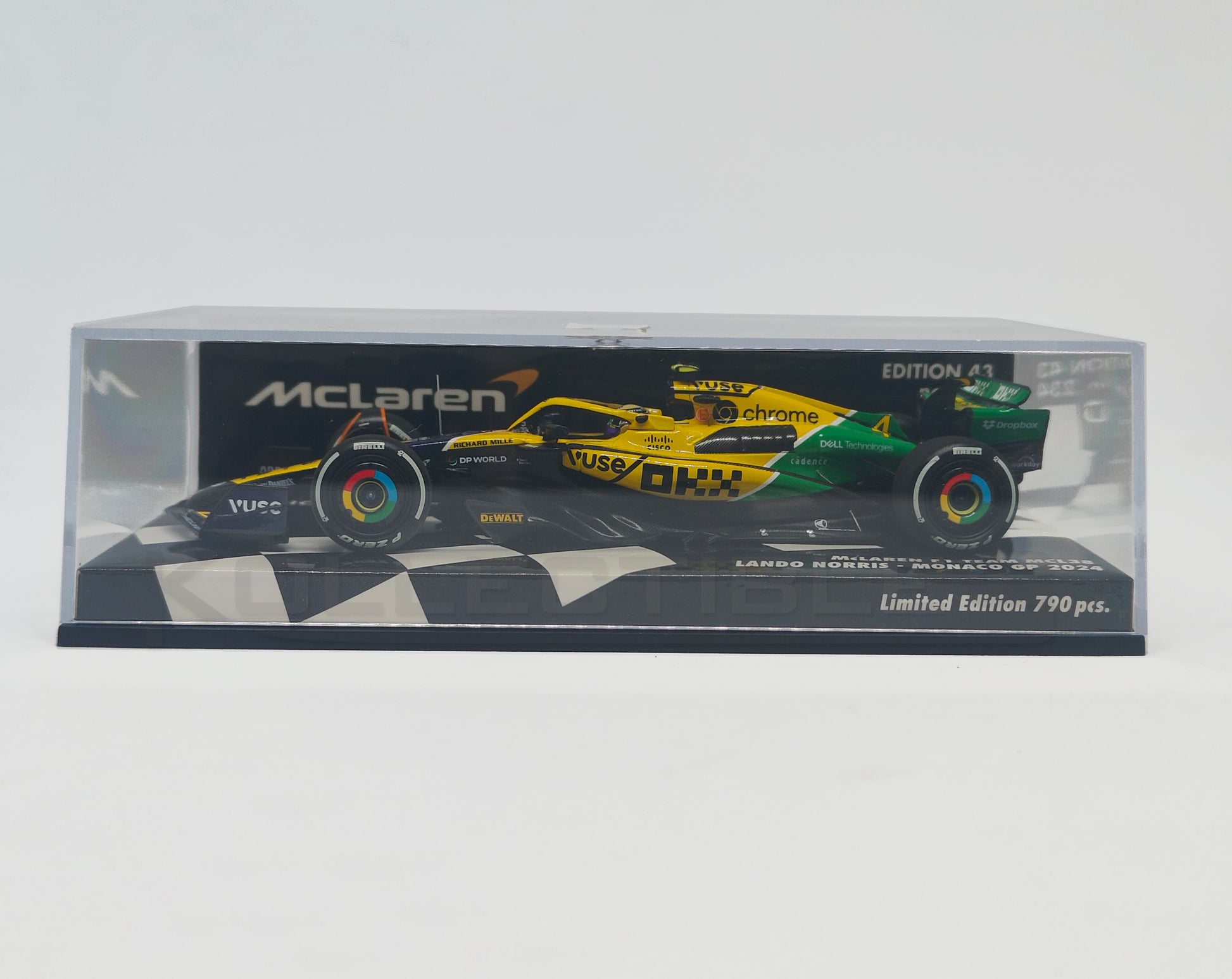 side Perspective view of Mclaren Formula 1 Team MCL38 -2024 1:43 Scale model car by Minichamps
