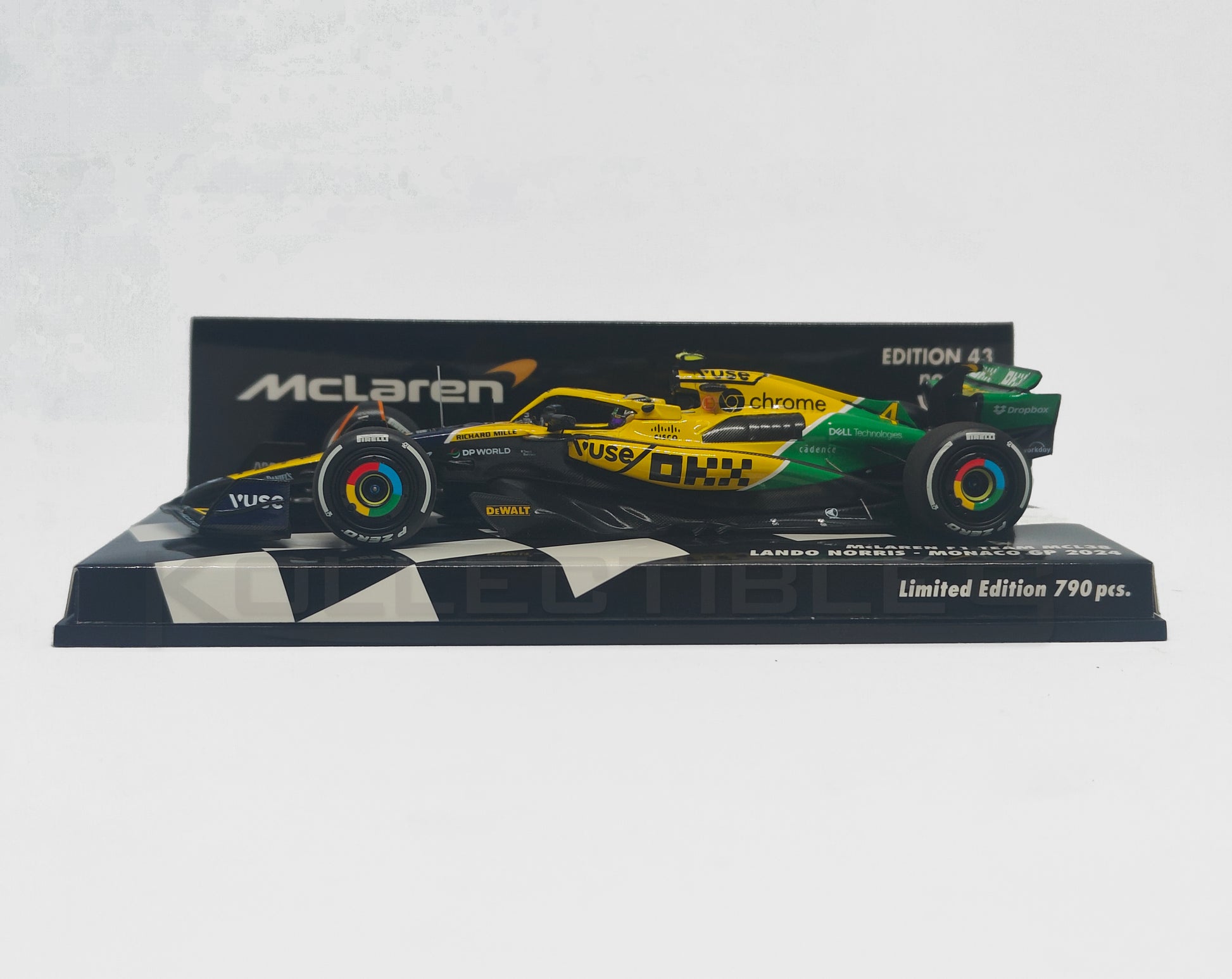 side  Perspective view of Mclaren Formula 1 Team MCL38 -2024 1:43 Scale model car by Minichamps
