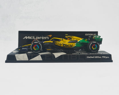 side  Perspective view of Mclaren Formula 1 Team MCL38 -2024 1:43 Scale model car by Minichamps