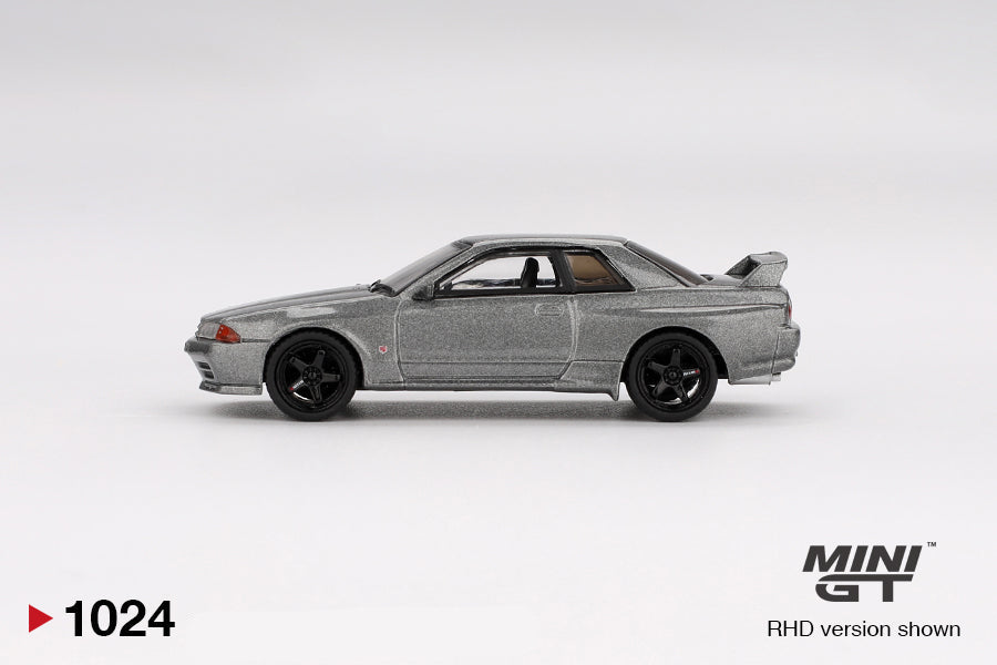 side view of Nissan Skyline GT-R (NISMO BNR32 CRS Version) Dark Metal Gray 1:64 scale model car - Mini GT
