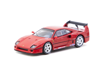Front three-quarter view of Ferrari F40 red 1:64 diecast model car by Tarmac Works showing the race decals and white OZ wheels (T64R-076-RE2)