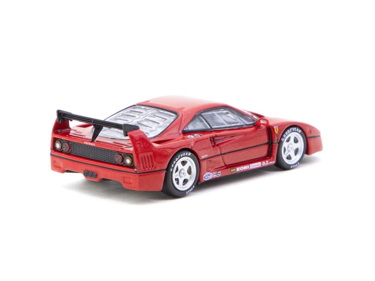 Rear three-quarter view of Ferrari F40 1:64 diecast showing the tall fixed rear wing and slatted engine cover (T64R-076-RE2)