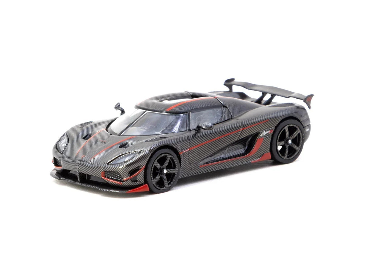 Front three-quarter view of Koenigsegg Agera RS black carbon fibre 1:64 diecast model car by Tarmac Works with red accent stripes (T64G-TL005-BCF)