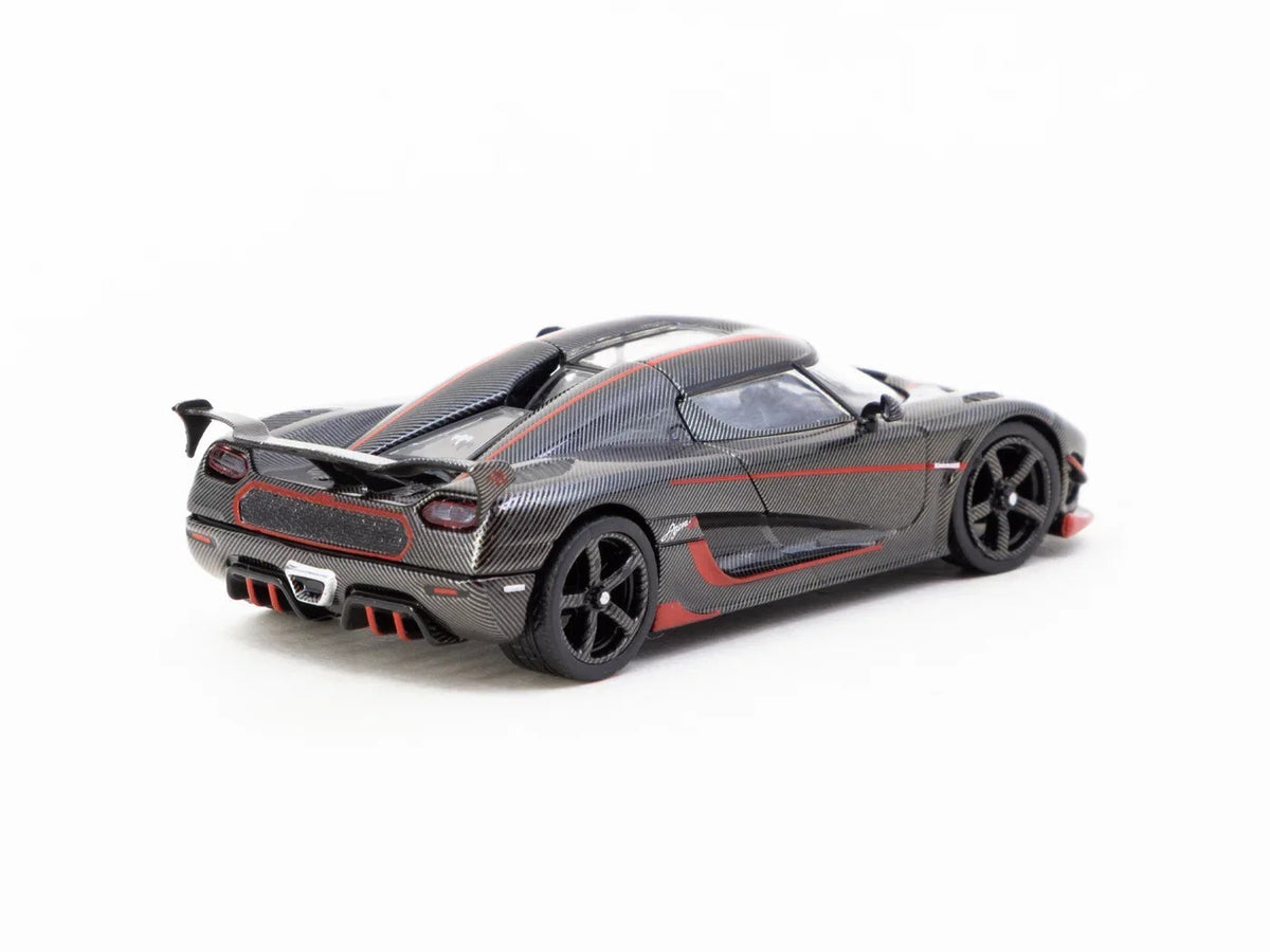 Rear three-quarter view of Koenigsegg Agera RS 1:64 diecast showing the large adjustable rear wing and carbon weave bodywork (T64G-TL005-BCF)