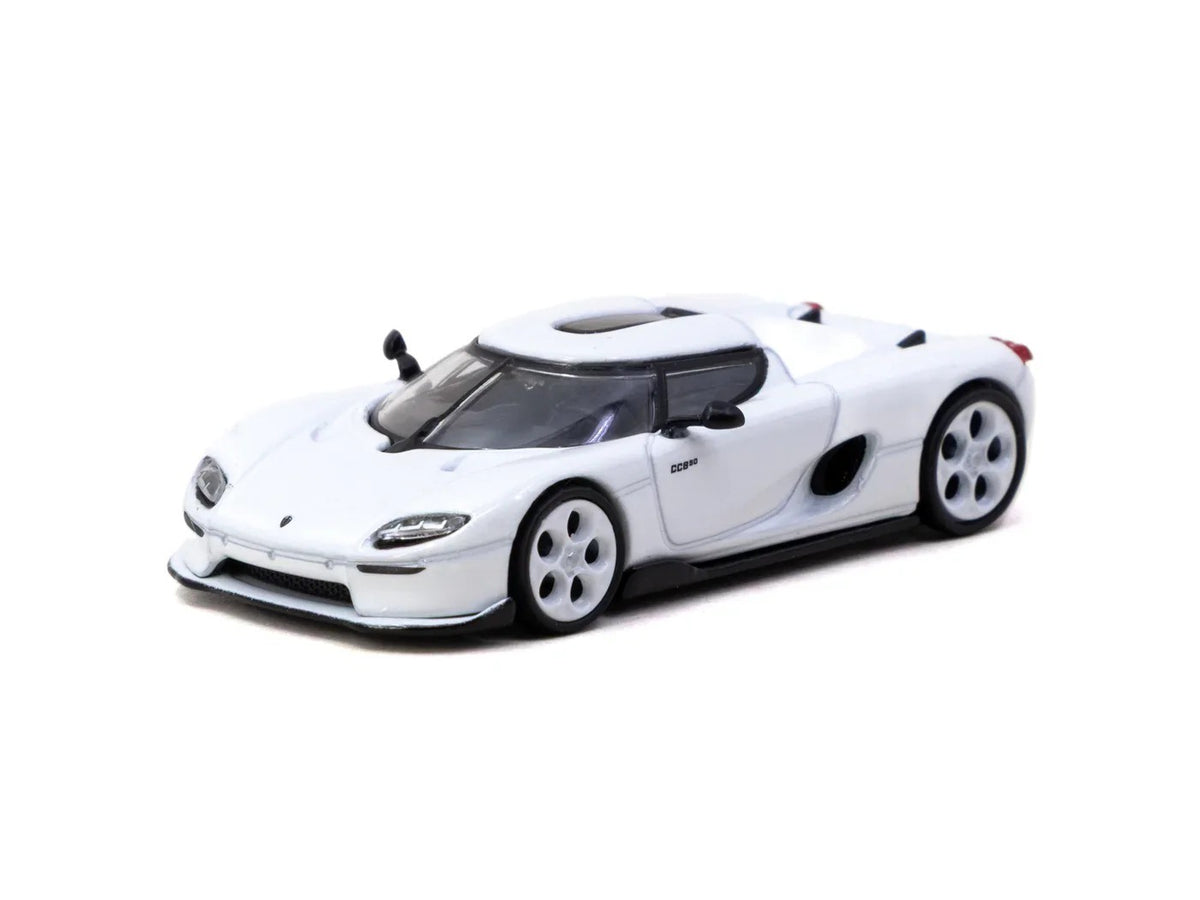 Front three-quarter view of Koenigsegg CC850 white 1:64 diecast model car by Tarmac Works with black roof panel (T64G-TL051-WH)