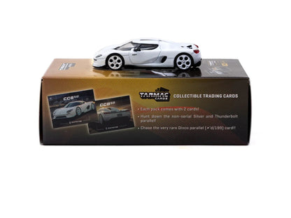 Koenigsegg CC850 white 1:64 scale model car with its Tarmac Works box and sealed Tarmac Cards collectible trading card pack (T64G-TL051-WH)