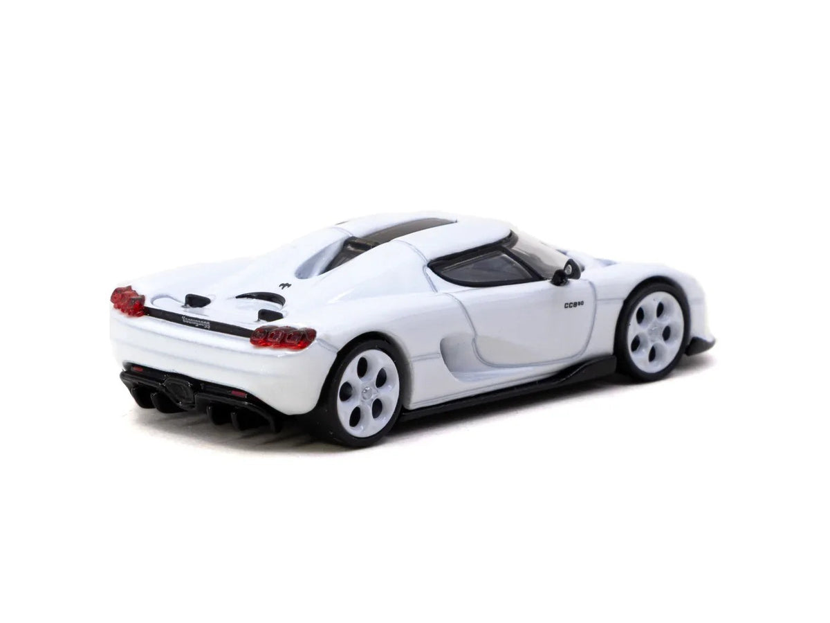 Rear three-quarter view of Koenigsegg CC850 white 1:64 diecast showing the rear deck and black five-spoke wheels (T64G-TL051-WH)