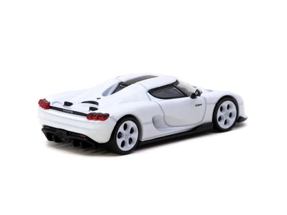 Rear three-quarter view of Koenigsegg CC850 white 1:64 diecast showing the rear deck and black five-spoke wheels (T64G-TL051-WH)