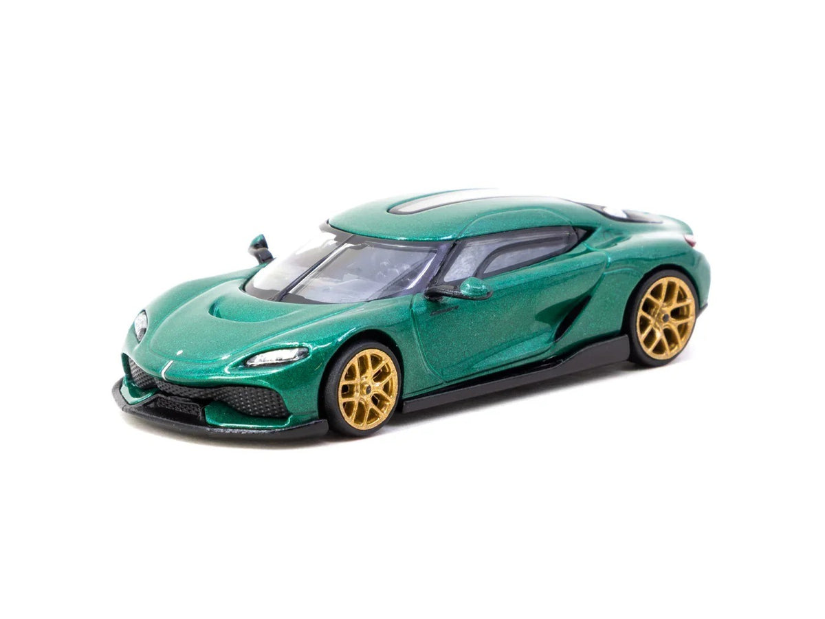 Front three-quarter view of Koenigsegg Gemera metallic green 1:64 diecast model car by Tarmac Works on gold multi-spoke wheels (T64G-TL053-GR)