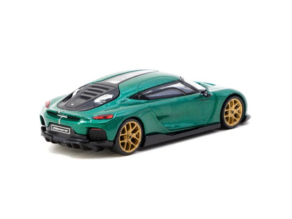 Rear three-quarter view of Koenigsegg Gemera green 1:64 diecast showing the glass roof panel and pillarless greenhouse (T64G-TL053-GR)