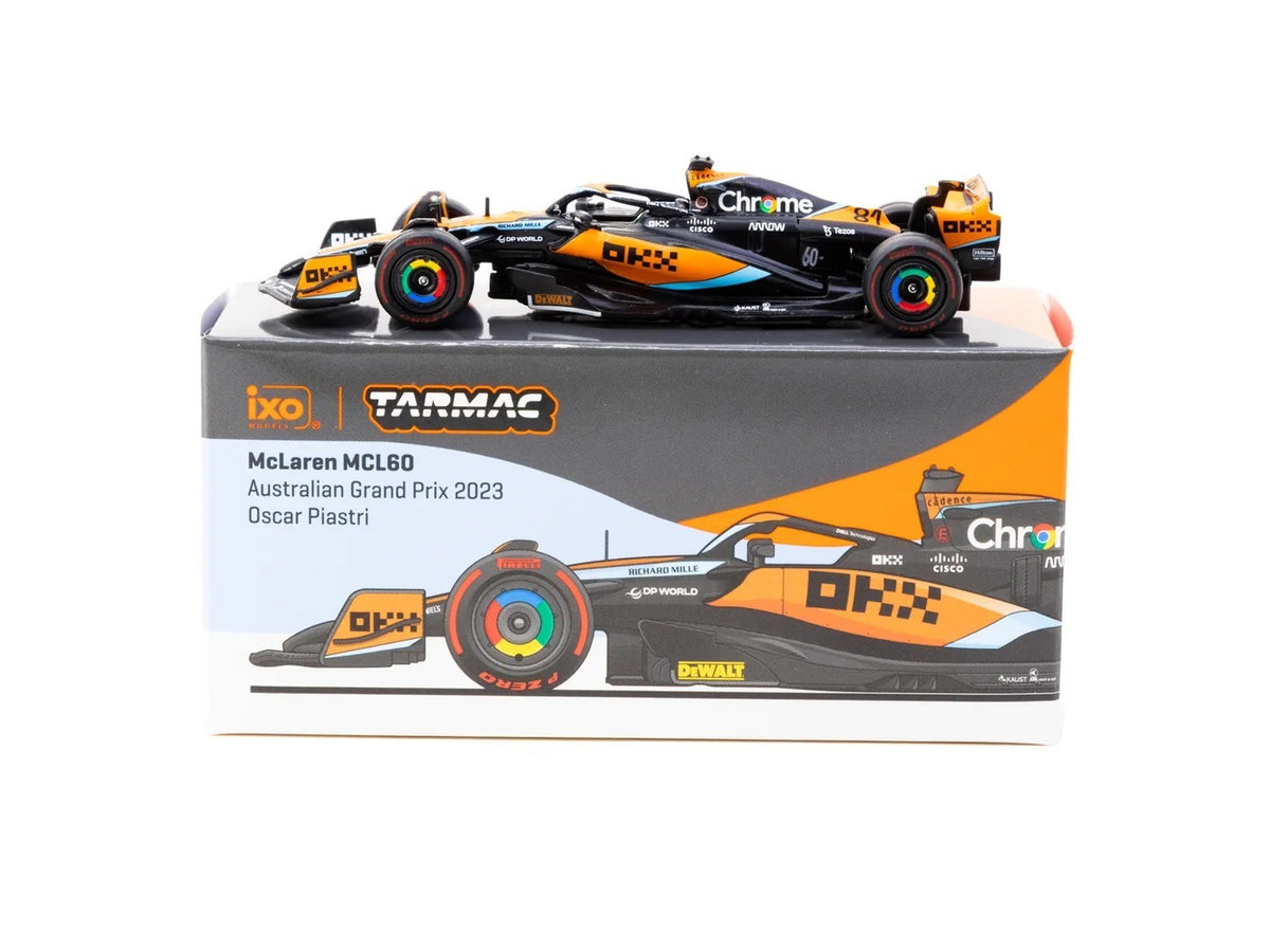 McLaren MCL60 Oscar Piastri 1:64 scale model car in its Tarmac Works x iXO Australian Grand Prix 2023 display packaging (T64G-F070-OP2)