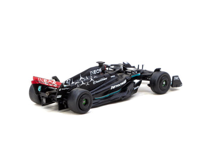 Rear three-quarter view of Mercedes-AMG F1 W14 1:64 diecast showing the Petronas rear wing and unmarked black test tyres (T64G-F064-MS1)
