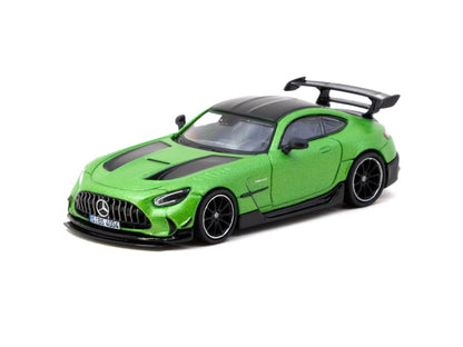 Front three-quarter view of Mercedes-Benz AMG GT Black Series metallic green 1:64 diecast model car by Tarmac Works with black bonnet vents (T64G-042-GR)
