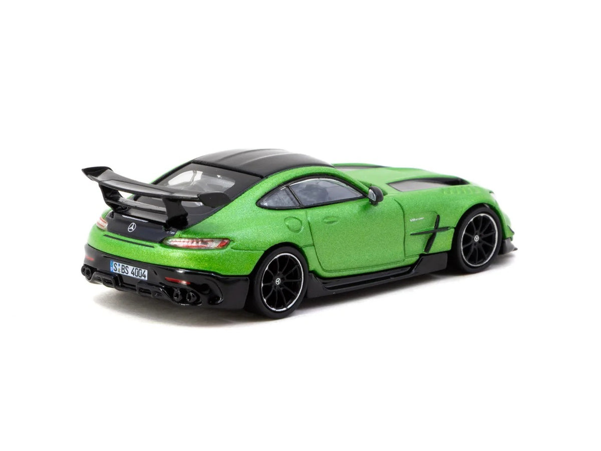 Rear three-quarter view of Mercedes-Benz AMG GT Black Series green 1:64 diecast showing the black swan-neck rear wing and diffuser (T64G-042-GR)