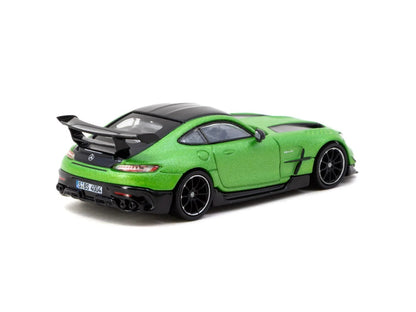 Rear three-quarter view of Mercedes-Benz AMG GT Black Series green 1:64 diecast showing the black swan-neck rear wing and diffuser (T64G-042-GR)