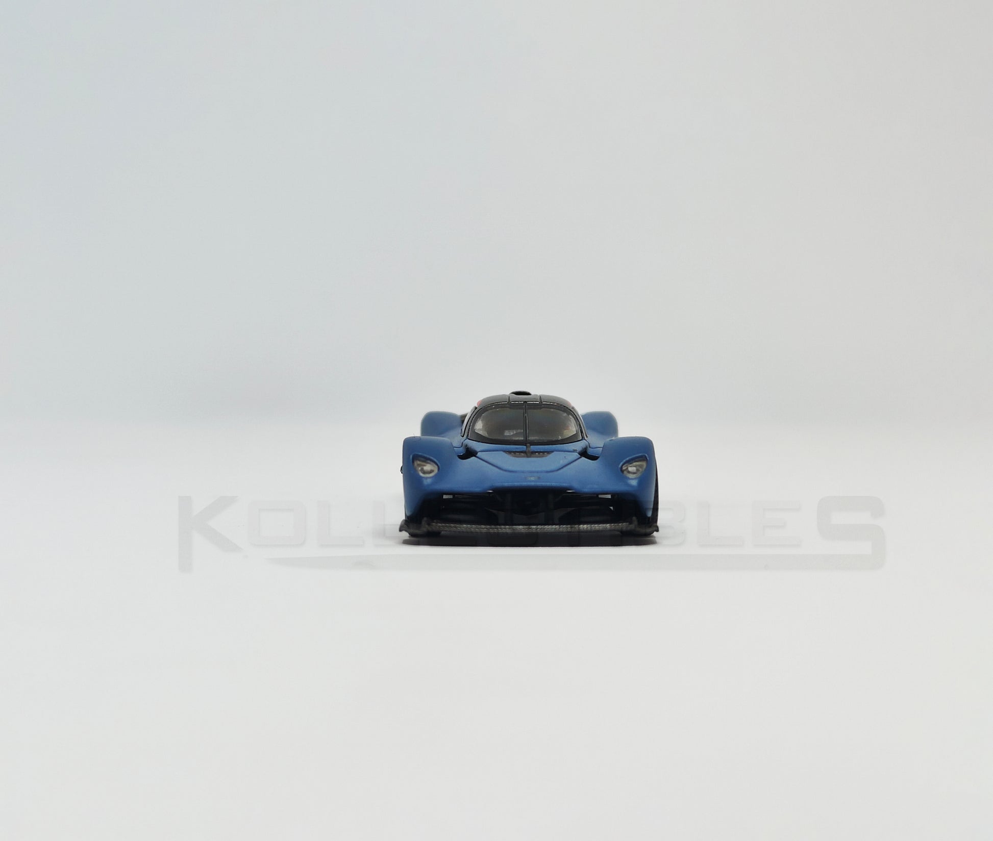 Front view of Aston Martin Valkyire Satin Marina Blue 1:64 scale model car- Xcartoys x Poprace