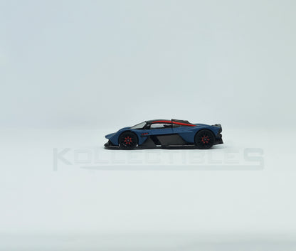 Side view of Aston Martin Valkyire Satin Marina Blue 1:64 scale model car- Xcartoys x Poprace
