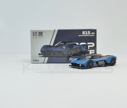 Perspective view with box Aston Martin Valkyire Satin Marina Blue 1:64 scale model car- Xcartoys x Poprace 