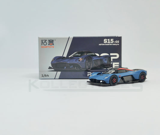 Perspective view with box Aston Martin Valkyire Satin Marina Blue 1:64 scale model car- Xcartoys x Poprace 